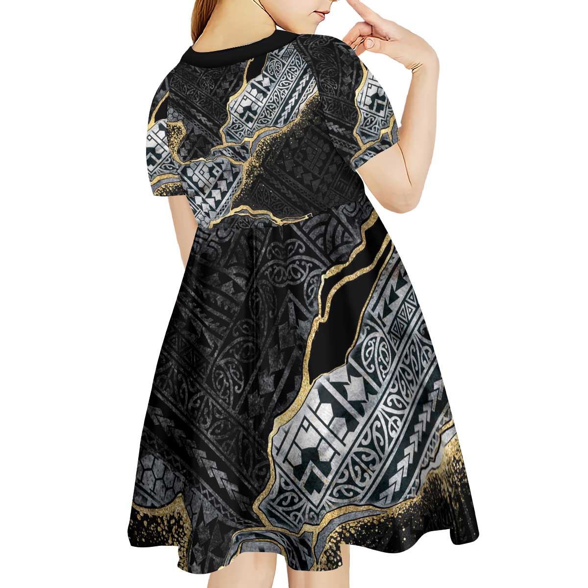 Polynesian Tribal Tattoo Kid Short Sleeve Dress Dark Marble Pattern