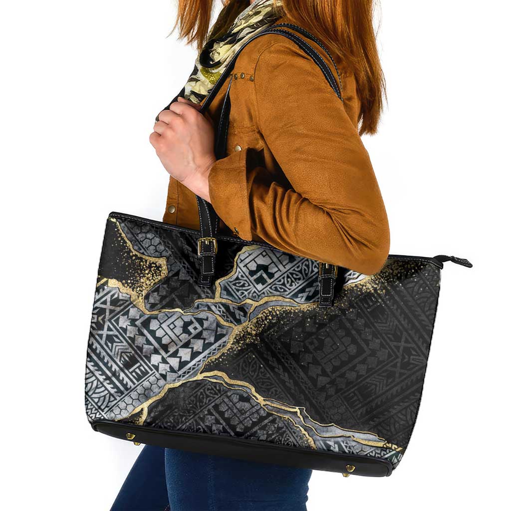 Polynesian Tribal Tattoo Leather Tote Bag Dark Marble Pattern
