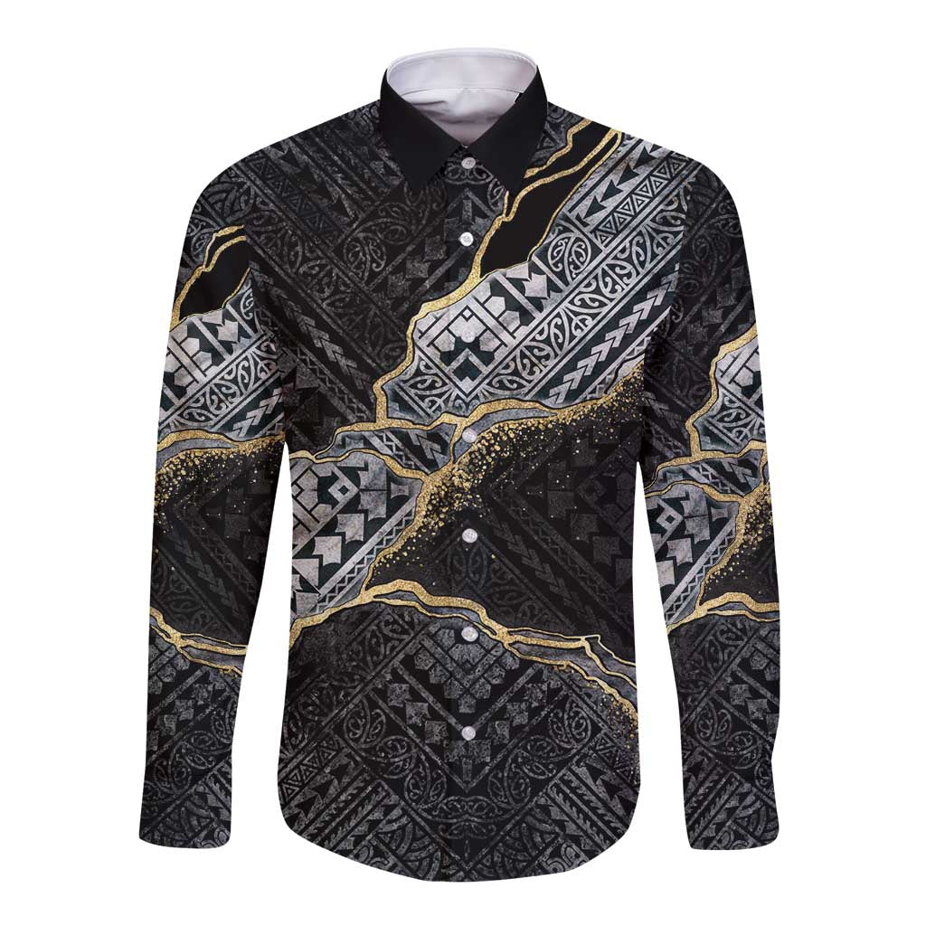 Polynesian Tribal Tattoo Long Sleeve Button Shirt Dark Marble Pattern LT9 Unisex Black - Polynesian Pride