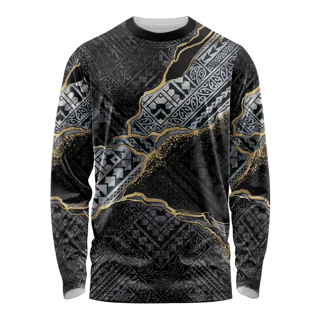 Polynesian Tribal Tattoo Long Sleeve Shirt Dark Marble Pattern