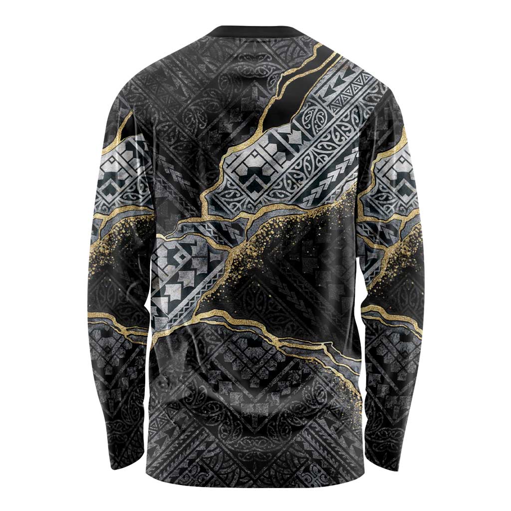 Polynesian Tribal Tattoo Long Sleeve Shirt Dark Marble Pattern