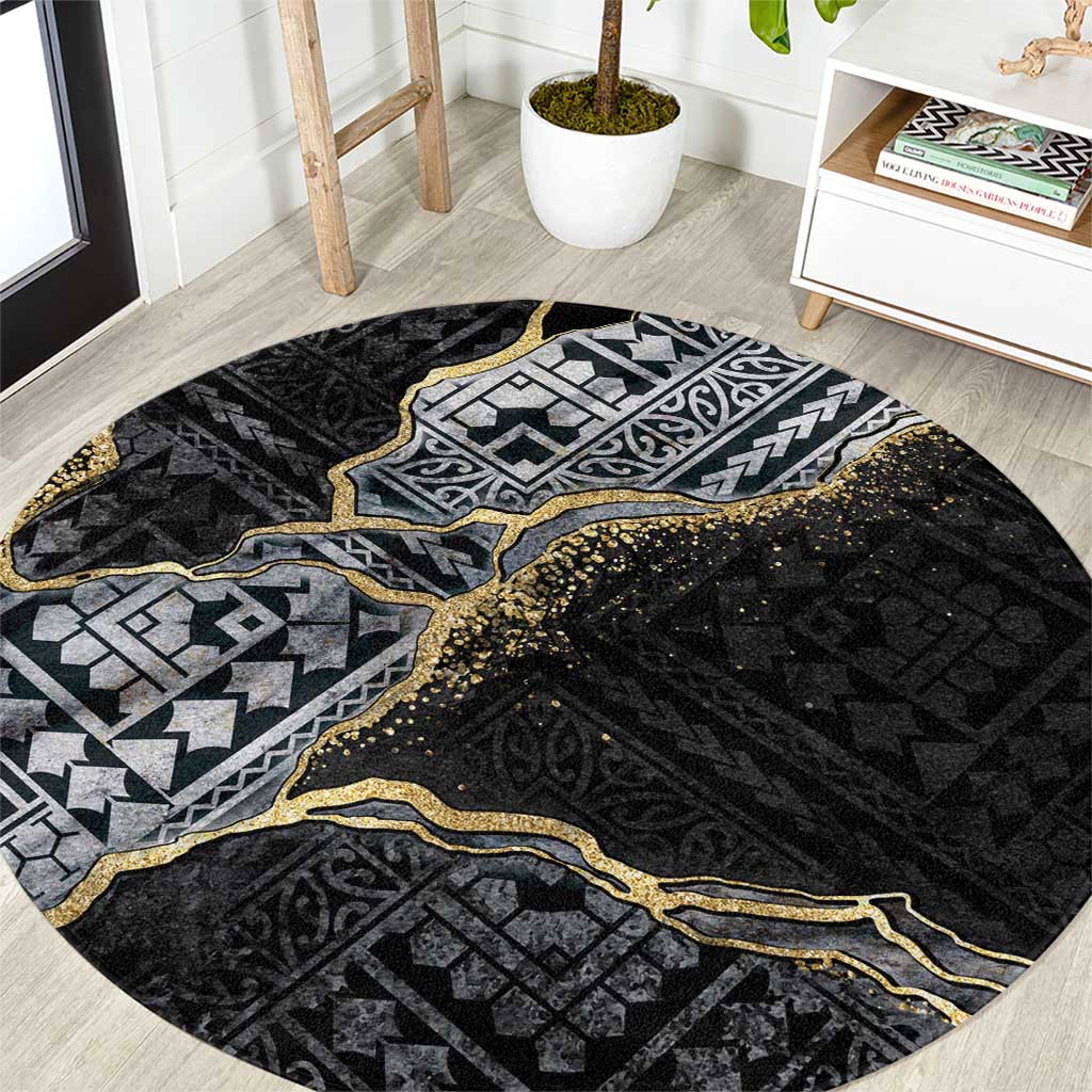 Polynesian Tribal Tattoo Round Carpet Dark Marble Pattern LT9 Black - Polynesian Pride