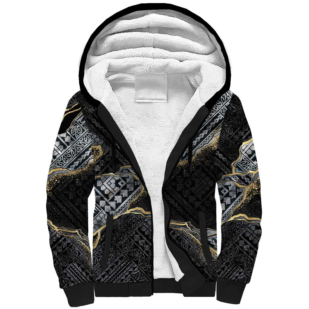 Polynesian Tribal Tattoo Sherpa Hoodie Dark Marble Pattern