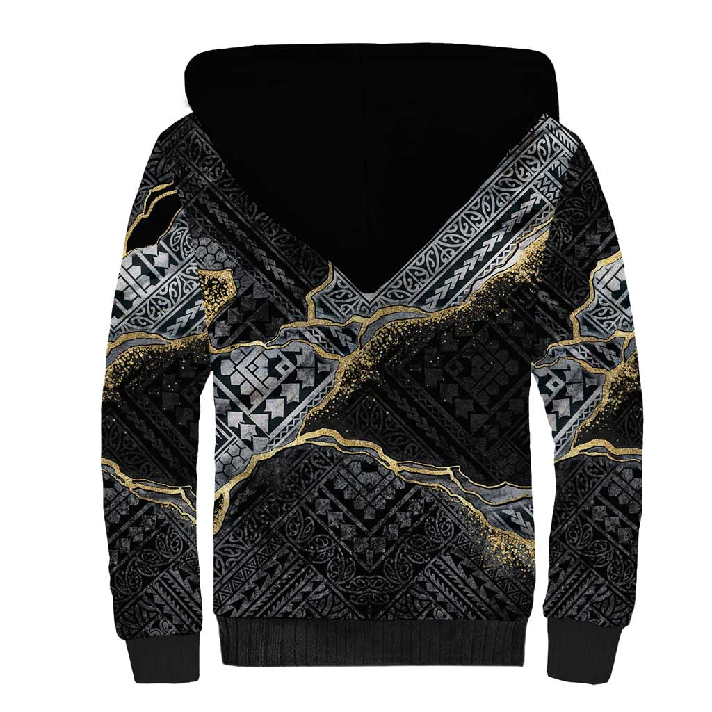 Polynesian Tribal Tattoo Sherpa Hoodie Dark Marble Pattern