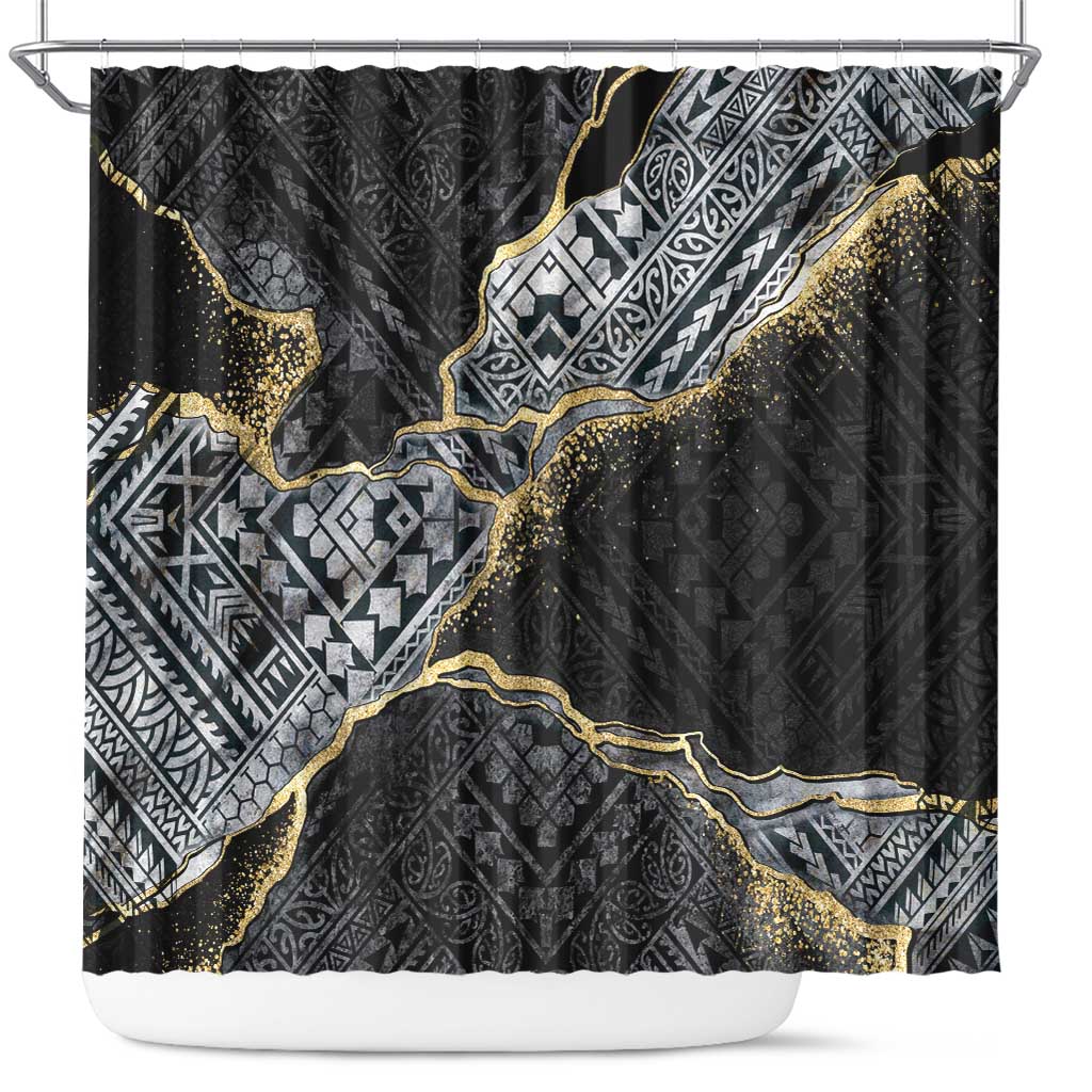 Polynesian Tribal Tattoo Shower Curtain Dark Marble Pattern