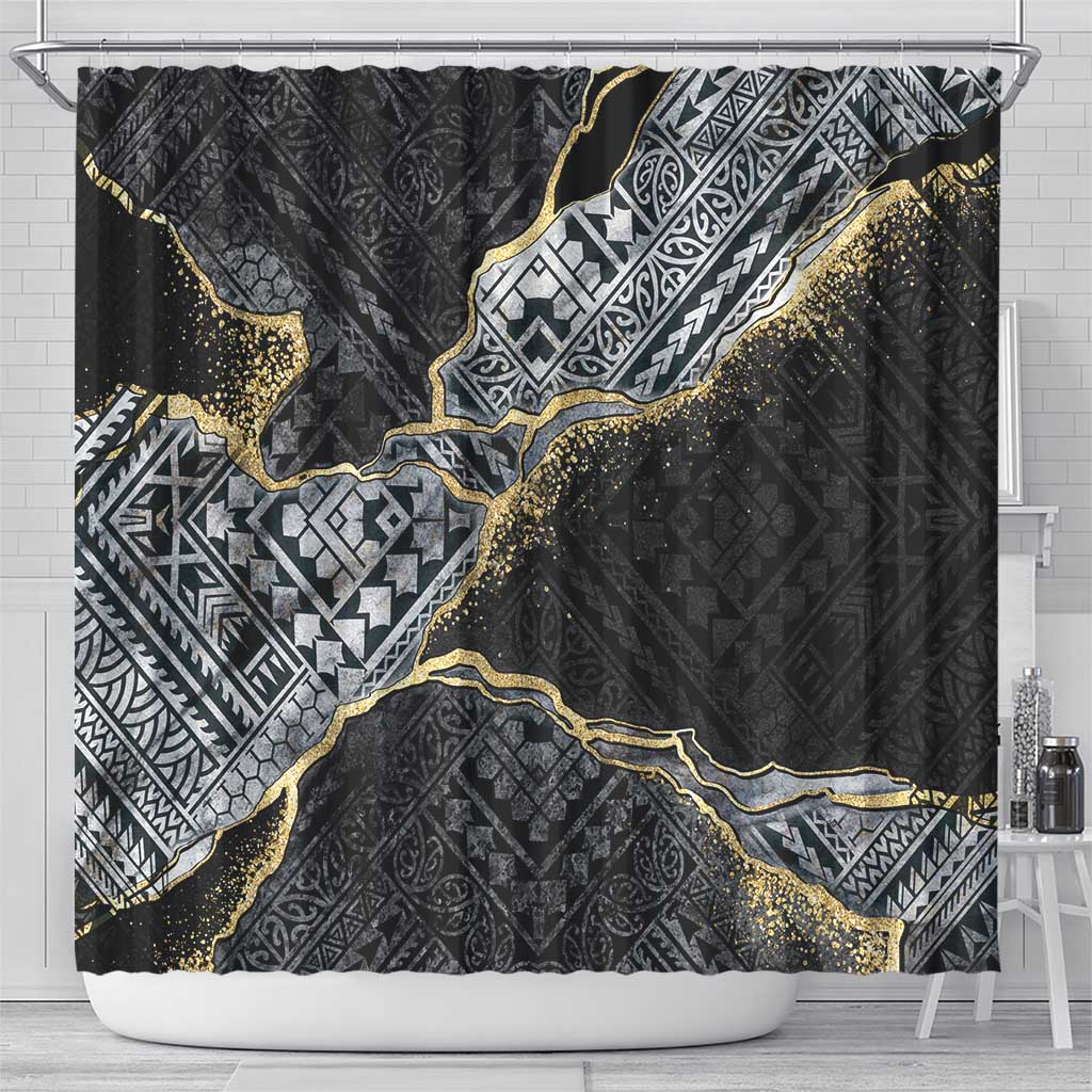 Polynesian Tribal Tattoo Shower Curtain Dark Marble Pattern