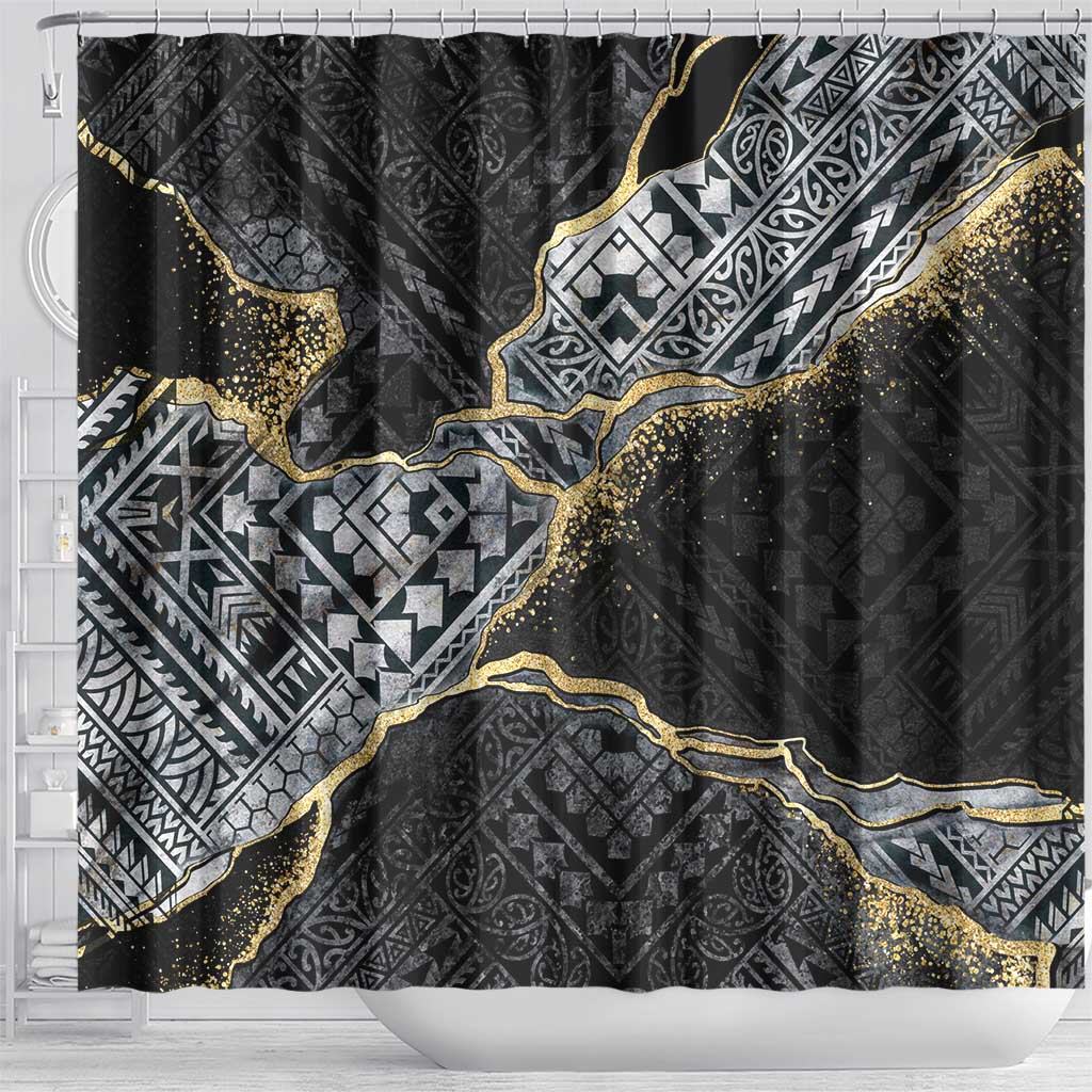 Polynesian Tribal Tattoo Shower Curtain Dark Marble Pattern