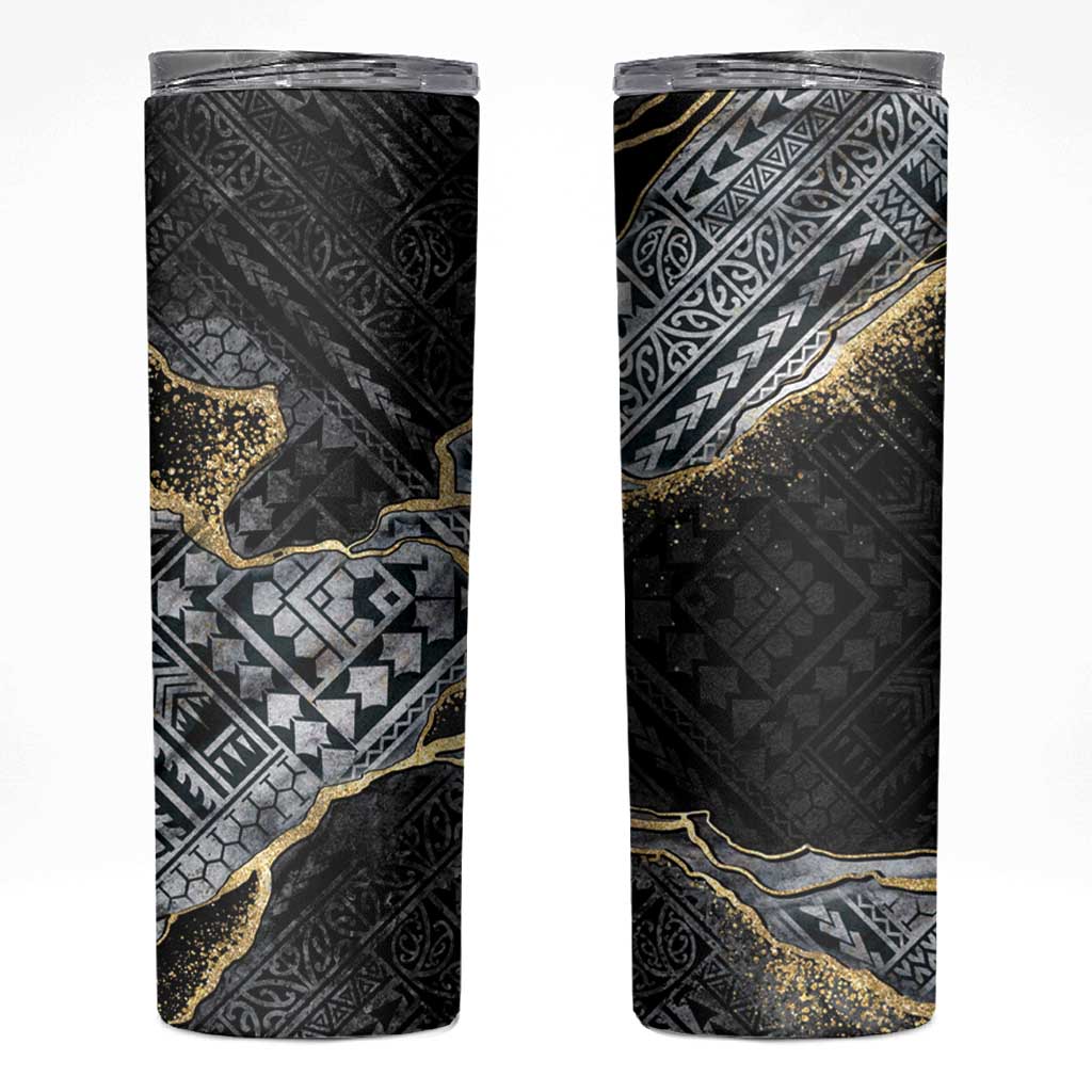 Polynesian Tribal Tattoo Skinny Tumbler Dark Marble Pattern