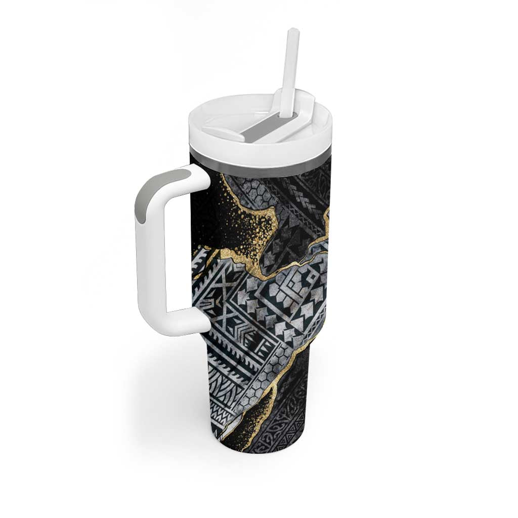 Polynesian Tribal Tattoo Tumbler With Handle Dark Marble Pattern
