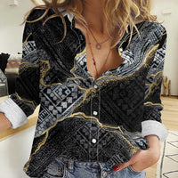 Polynesian Tribal Tattoo Women Casual Shirt Dark Marble Pattern