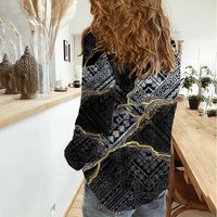 Polynesian Tribal Tattoo Women Casual Shirt Dark Marble Pattern