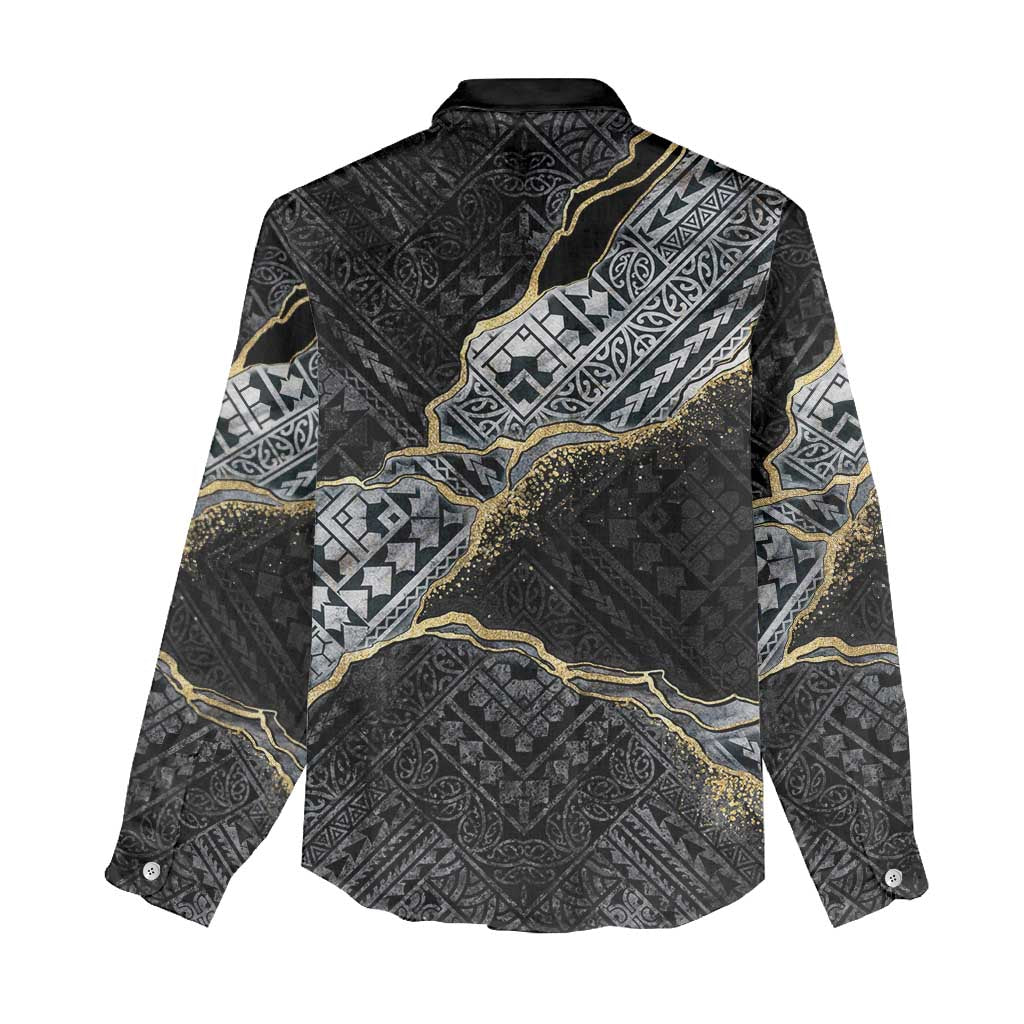 Polynesian Tribal Tattoo Women Casual Shirt Dark Marble Pattern
