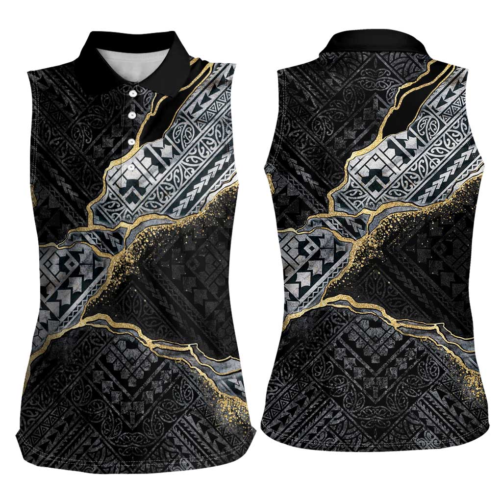 Polynesian Tribal Tattoo Women Sleeveless Polo Shirt Dark Marble Pattern LT9 - Polynesian Pride