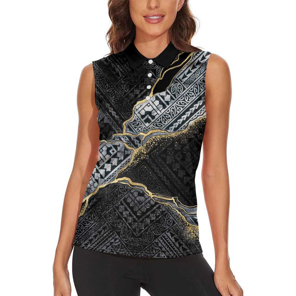 Polynesian Tribal Tattoo Women Sleeveless Polo Shirt Dark Marble Pattern LT9 - Polynesian Pride