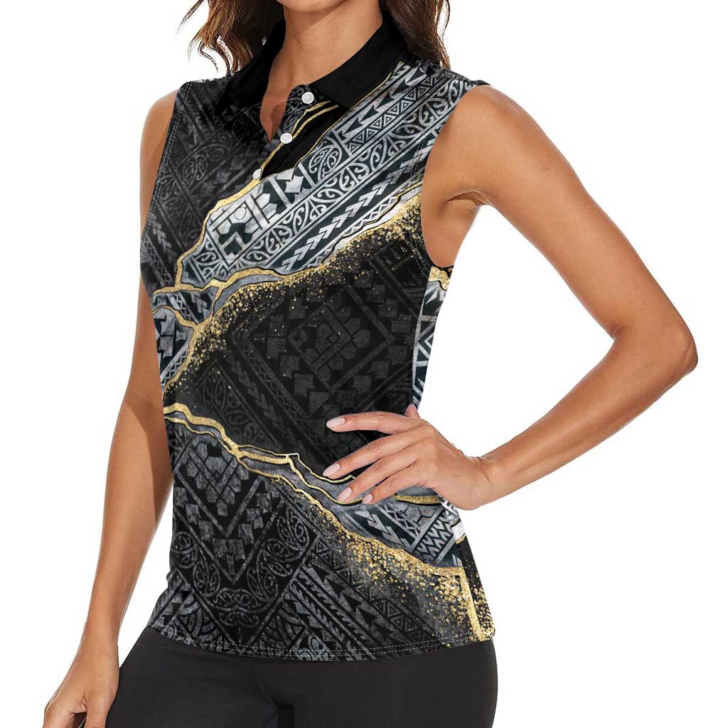 Polynesian Tribal Tattoo Women Sleeveless Polo Shirt Dark Marble Pattern LT9 - Polynesian Pride