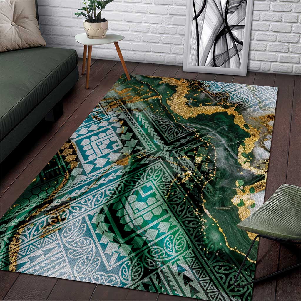 Polynesian Tribal Tattoo Area Rug Green Marble Pattern