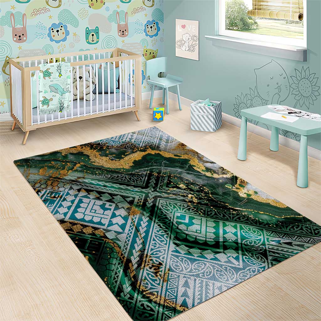 Polynesian Tribal Tattoo Area Rug Green Marble Pattern