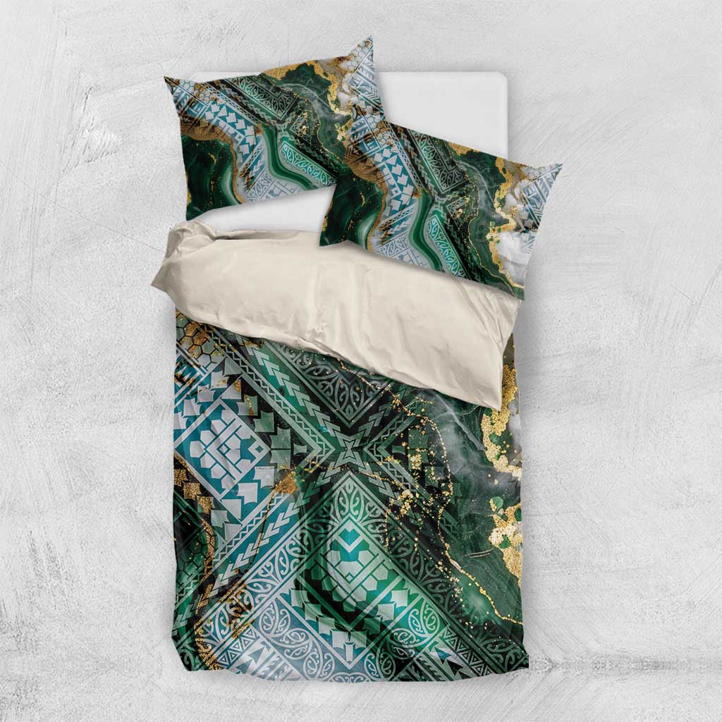Polynesian Tribal Tattoo Bedding Set Green Marble Pattern