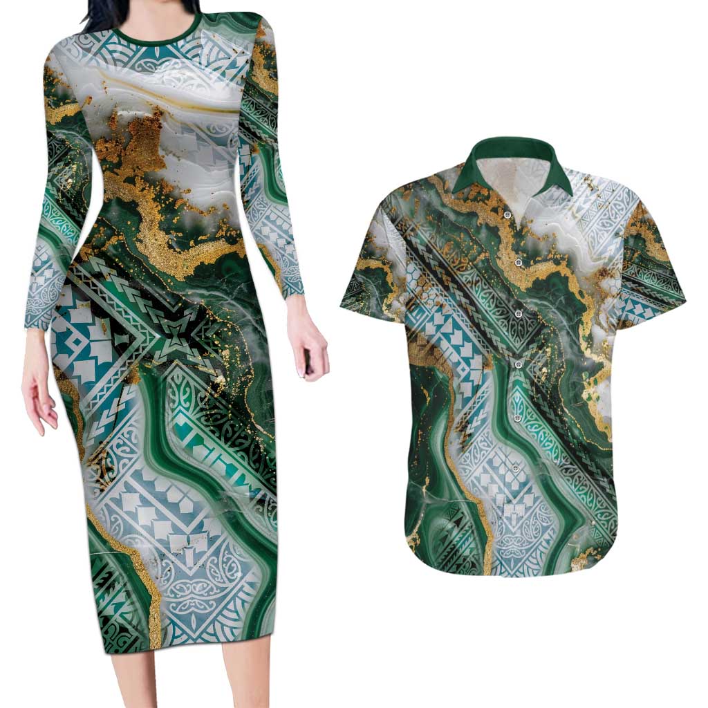 Polynesian Tribal Tattoo Couples Matching Long Sleeve Bodycon Dress and Hawaiian Shirt Green Marble Pattern