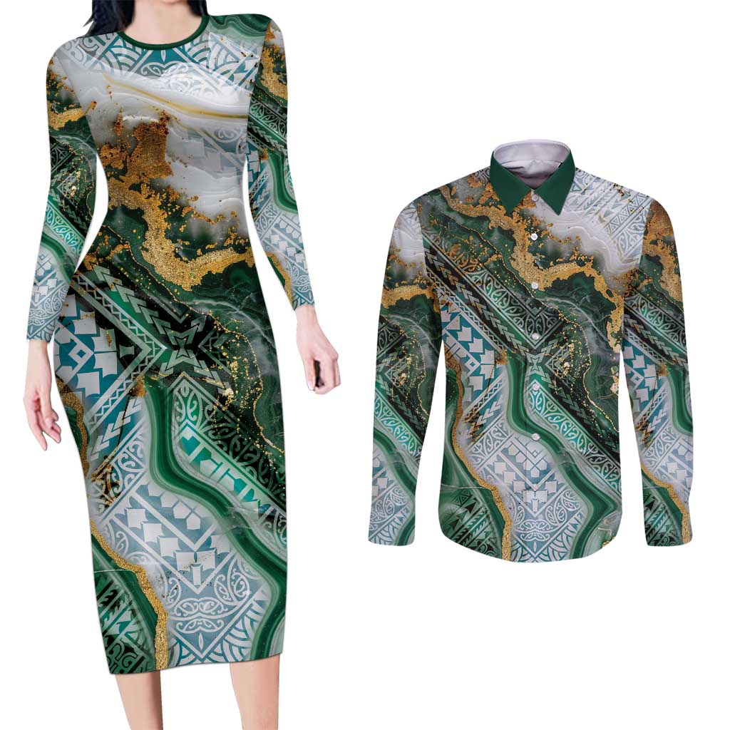 Polynesian Tribal Tattoo Couples Matching Long Sleeve Bodycon Dress and Long Sleeve Button Shirt Green Marble Pattern