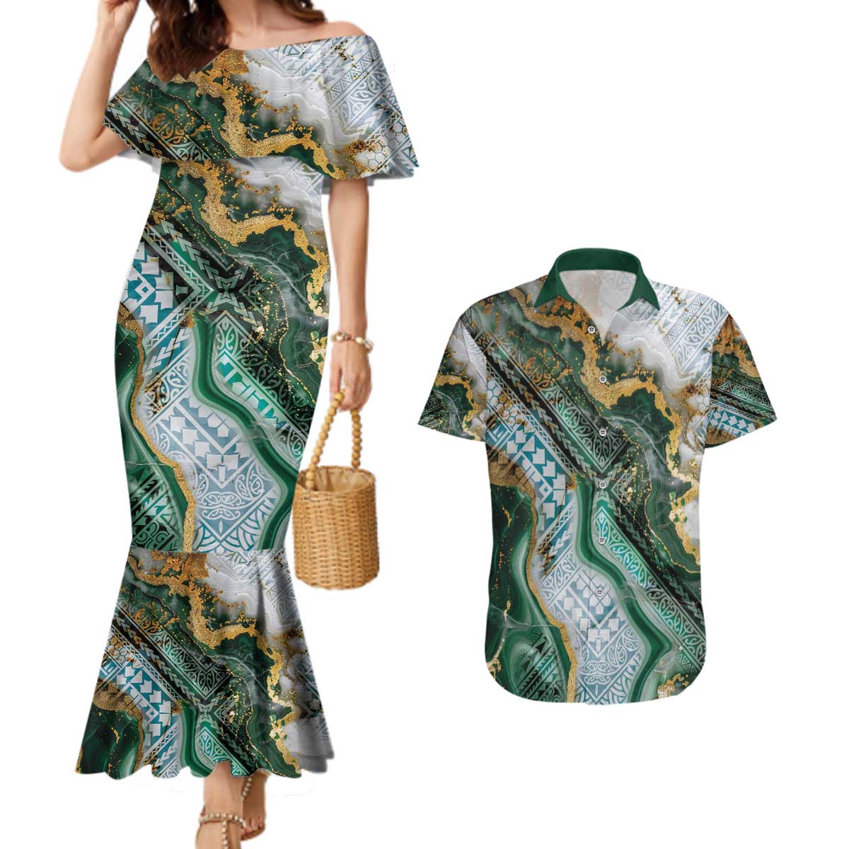 Polynesian Tribal Tattoo Couples Matching Mermaid Dress and Hawaiian Shirt Green Marble Pattern