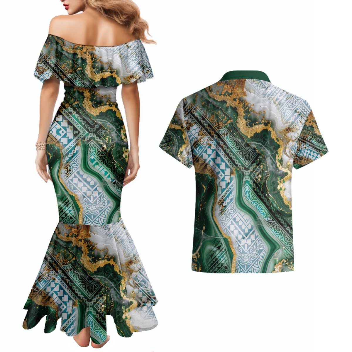 Polynesian Tribal Tattoo Couples Matching Mermaid Dress and Hawaiian Shirt Green Marble Pattern