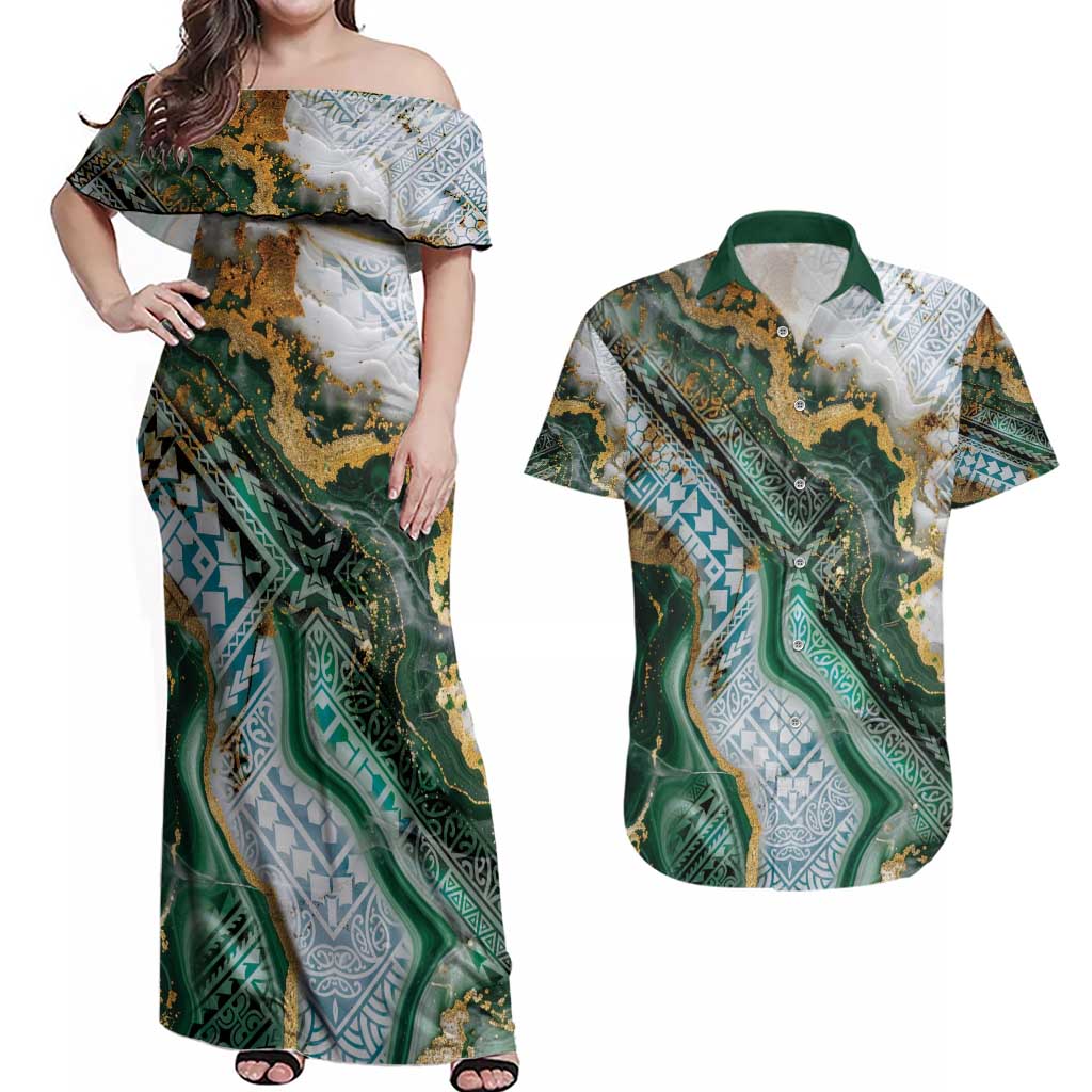 Polynesian Tribal Tattoo Couples Matching Off Shoulder Maxi Dress and Hawaiian Shirt Green Marble Pattern