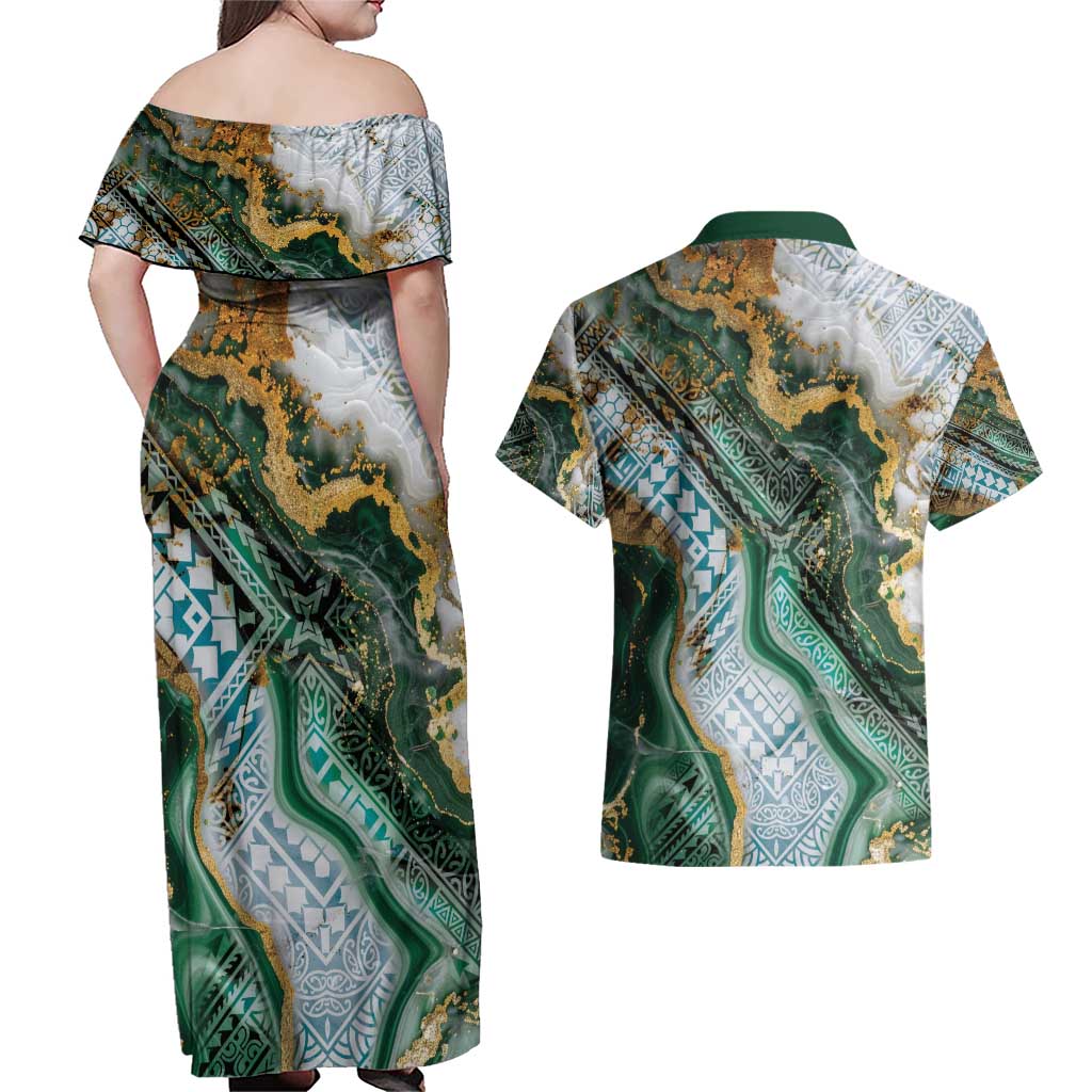 Polynesian Tribal Tattoo Couples Matching Off Shoulder Maxi Dress and Hawaiian Shirt Green Marble Pattern