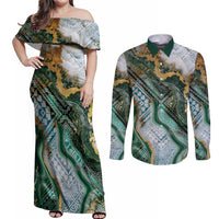 Polynesian Tribal Tattoo Couples Matching Off Shoulder Maxi Dress and Long Sleeve Button Shirt Green Marble Pattern LT9 Green - Polynesian Pride