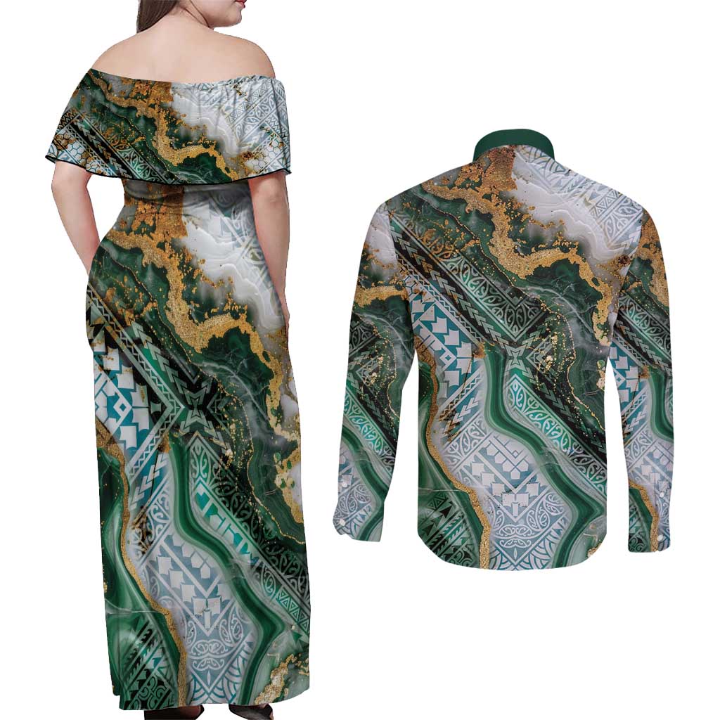 Polynesian Tribal Tattoo Couples Matching Off Shoulder Maxi Dress and Long Sleeve Button Shirt Green Marble Pattern LT9 - Polynesian Pride