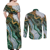 Polynesian Tribal Tattoo Couples Matching Off Shoulder Maxi Dress and Long Sleeve Button Shirt Green Marble Pattern LT9 - Polynesian Pride