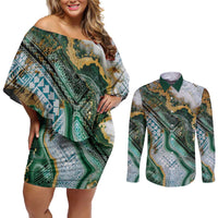 Polynesian Tribal Tattoo Couples Matching Off Shoulder Short Dress and Long Sleeve Button Shirt Green Marble Pattern