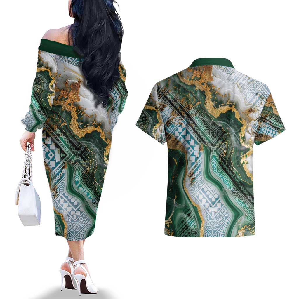 Polynesian Tribal Tattoo Couples Matching Off The Shoulder Long Sleeve Dress and Hawaiian Shirt Green Marble Pattern