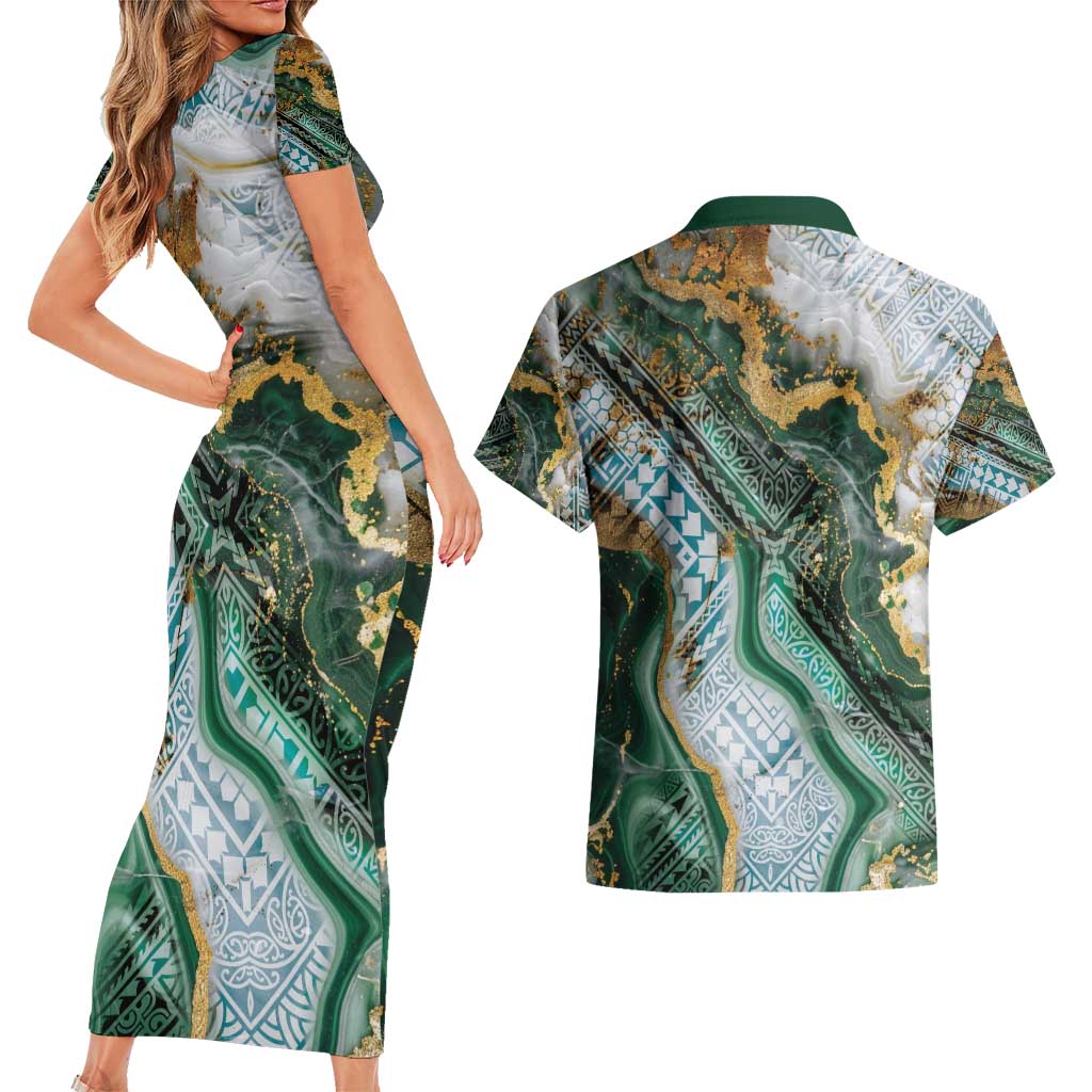 Polynesian Tribal Tattoo Couples Matching Short Sleeve Bodycon Dress and Hawaiian Shirt Green Marble Pattern