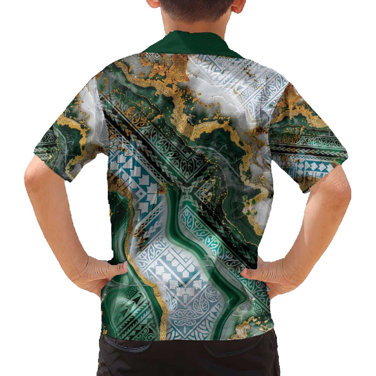 Polynesian Tribal Tattoo Family Matching Off The Shoulder Long Sleeve Dress and Hawaiian Shirt Green Marble Pattern