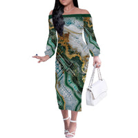 Polynesian Tribal Tattoo Family Matching Off The Shoulder Long Sleeve Dress and Hawaiian Shirt Green Marble Pattern
