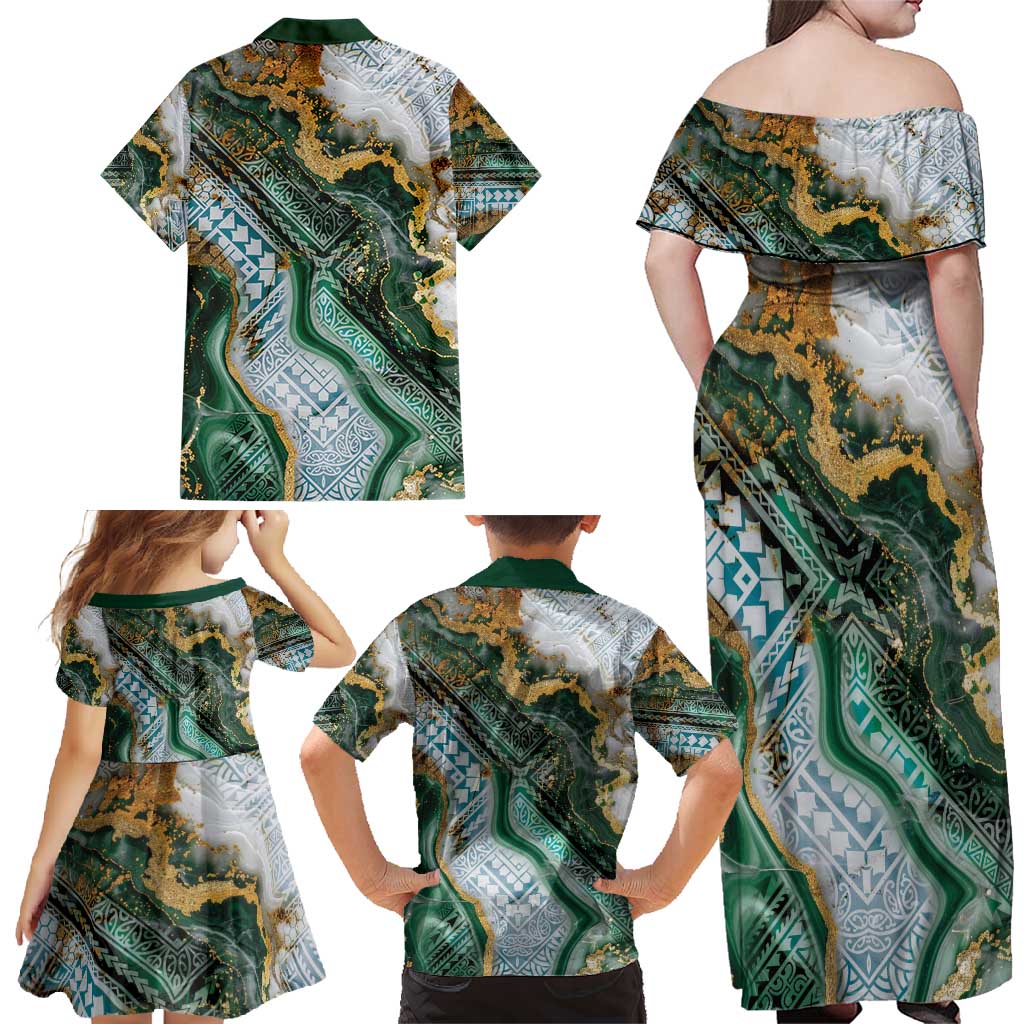 Polynesian Tribal Tattoo Family Matching Off Shoulder Maxi Dress and Hawaiian Shirt Green Marble Pattern