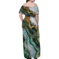 Polynesian Tribal Tattoo Family Matching Off Shoulder Maxi Dress and Hawaiian Shirt Green Marble Pattern