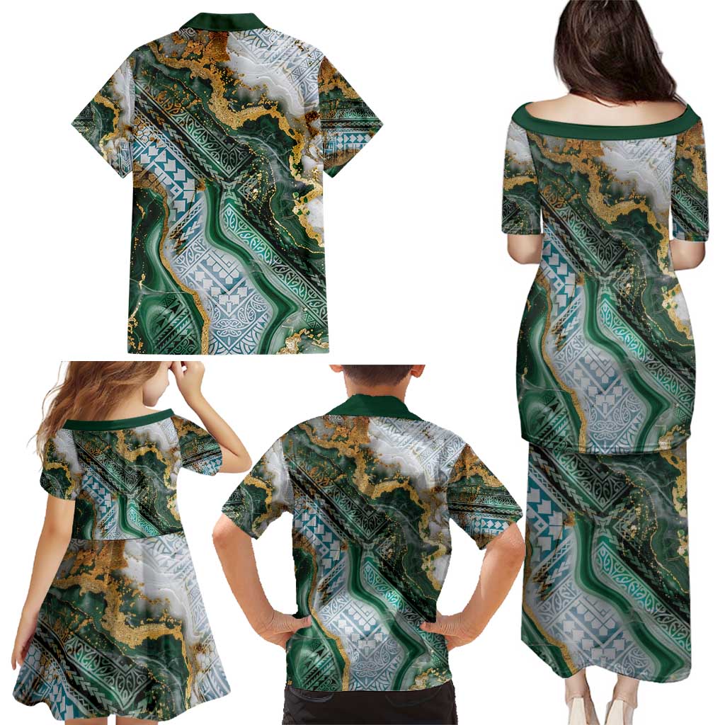 Polynesian Tribal Tattoo Family Matching Puletasi and Hawaiian Shirt Green Marble Pattern