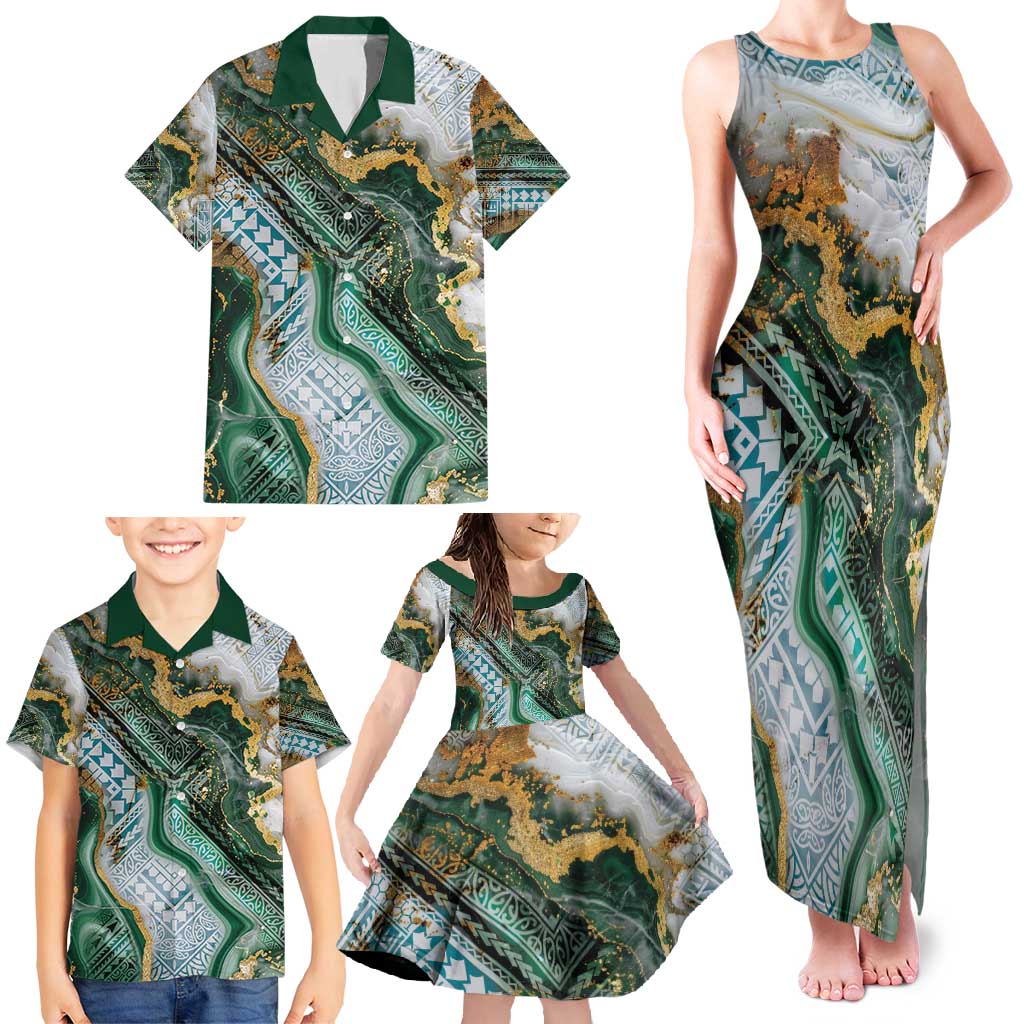 Polynesian Tribal Tattoo Family Matching Tank Maxi Dress and Hawaiian Shirt Green Marble Pattern