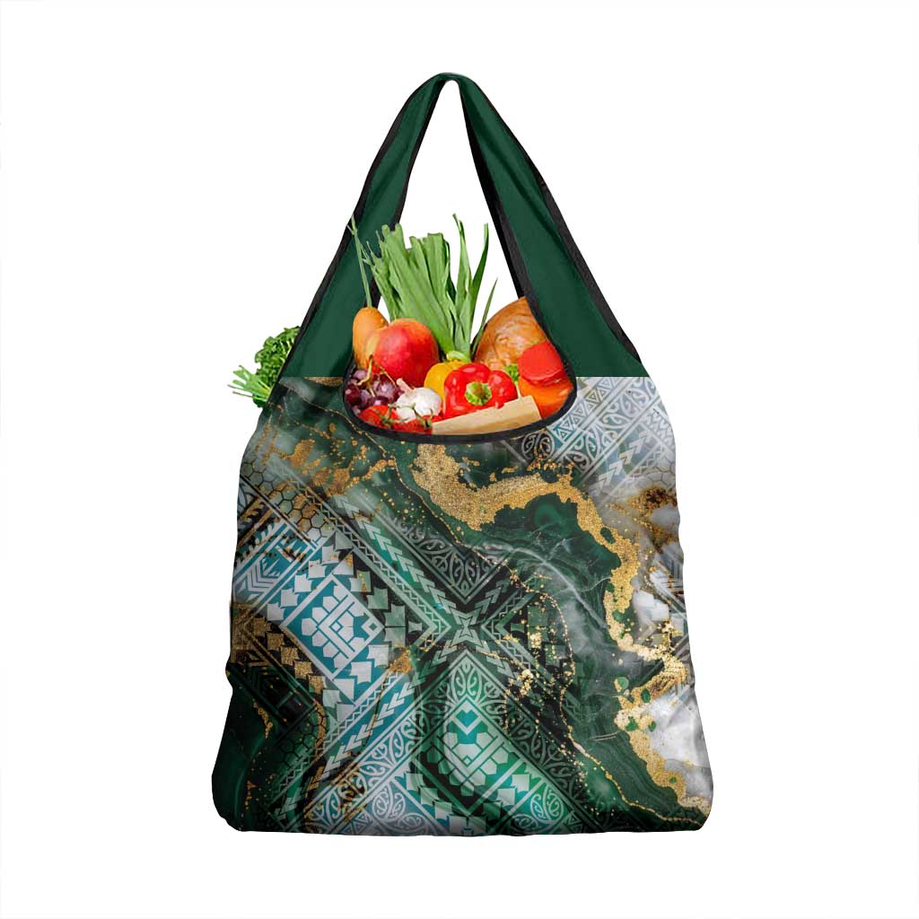 Polynesian Tribal Tattoo Grocery Bag Green Marble Pattern