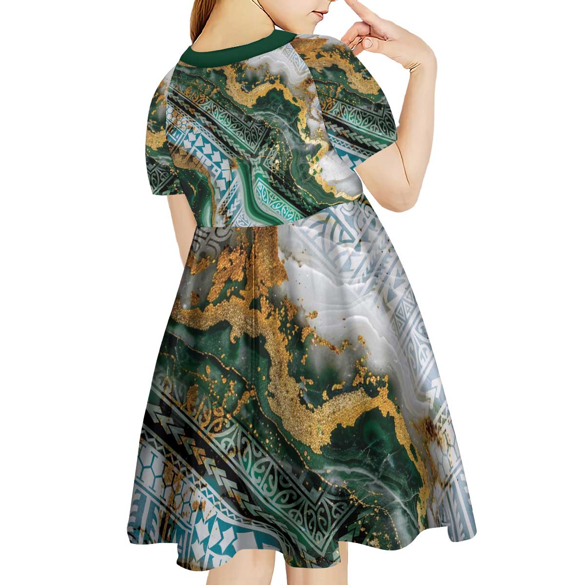 Polynesian Tribal Tattoo Kid Short Sleeve Dress Green Marble Pattern