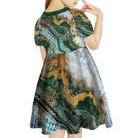 Polynesian Tribal Tattoo Kid Short Sleeve Dress Green Marble Pattern