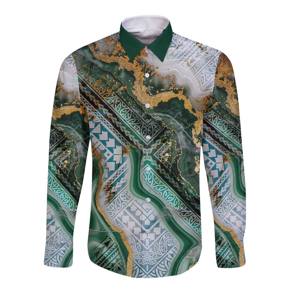 Polynesian Tribal Tattoo Long Sleeve Button Shirt Green Marble Pattern LT9 Unisex Green - Polynesian Pride