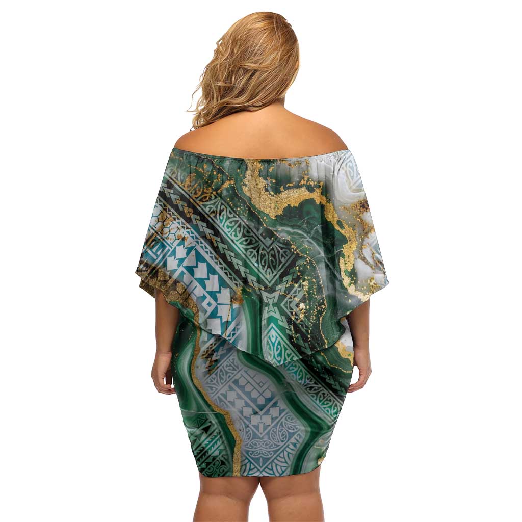 Polynesian Tribal Tattoo Off Shoulder Short Dress Green Marble Pattern