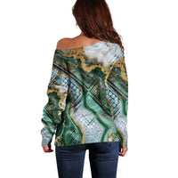 Polynesian Tribal Tattoo Off Shoulder Sweater Green Marble Pattern LT9 - Polynesian Pride