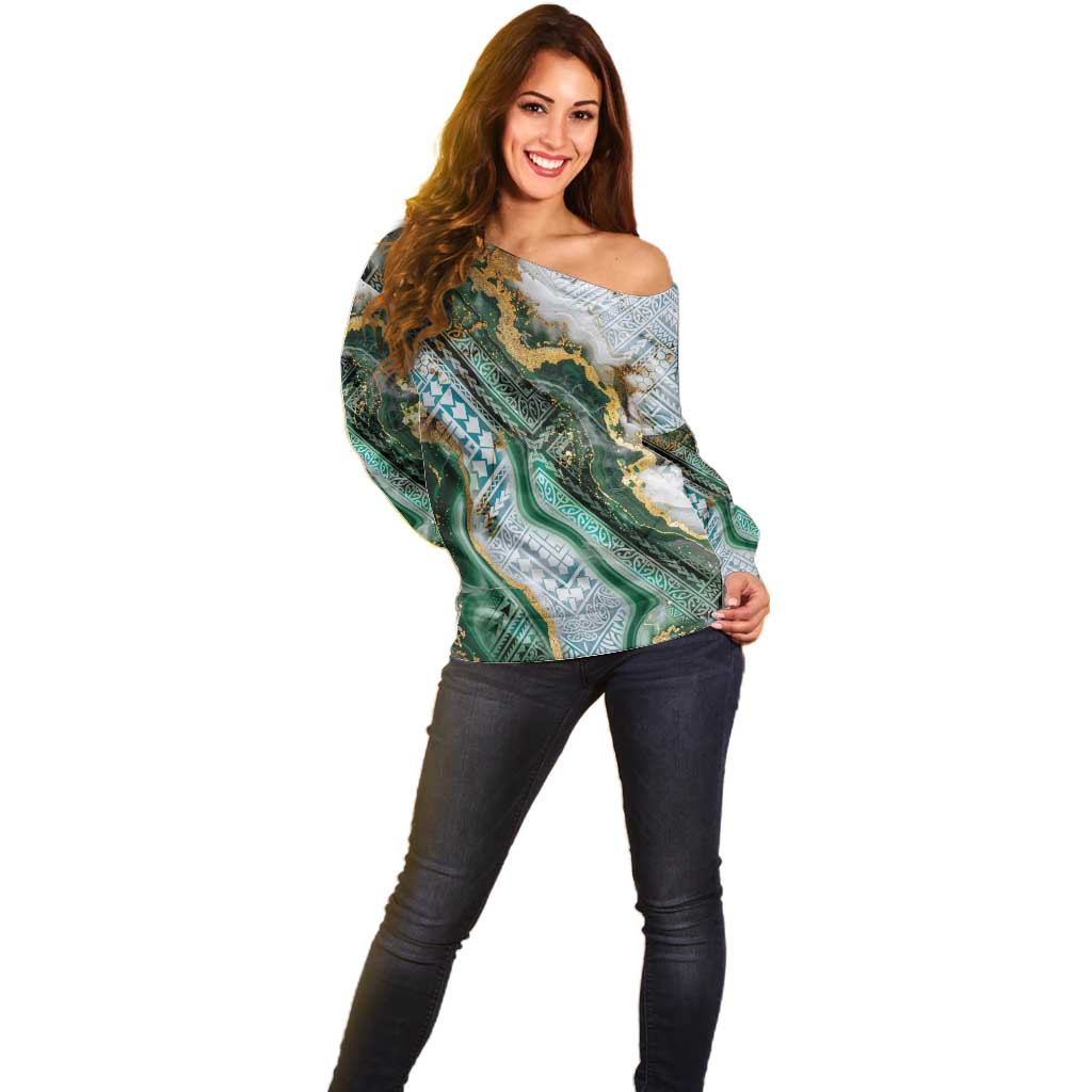 Polynesian Tribal Tattoo Off Shoulder Sweater Green Marble Pattern LT9 - Polynesian Pride
