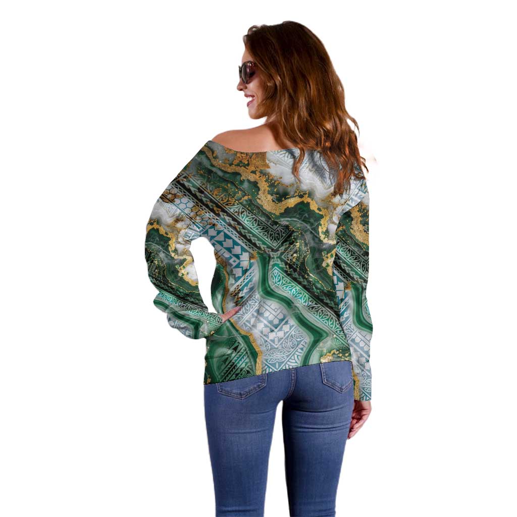 Polynesian Tribal Tattoo Off Shoulder Sweater Green Marble Pattern LT9 - Polynesian Pride