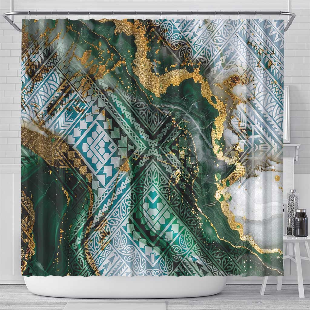 Polynesian Tribal Tattoo Shower Curtain Green Marble Pattern