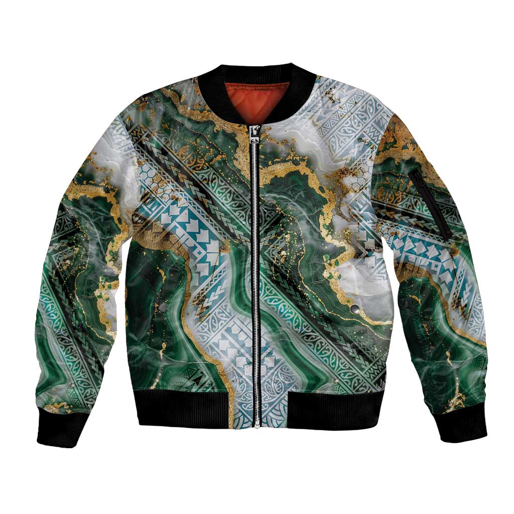 Polynesian Tribal Tattoo Sleeve Zip Bomber Jacket Green Marble Pattern